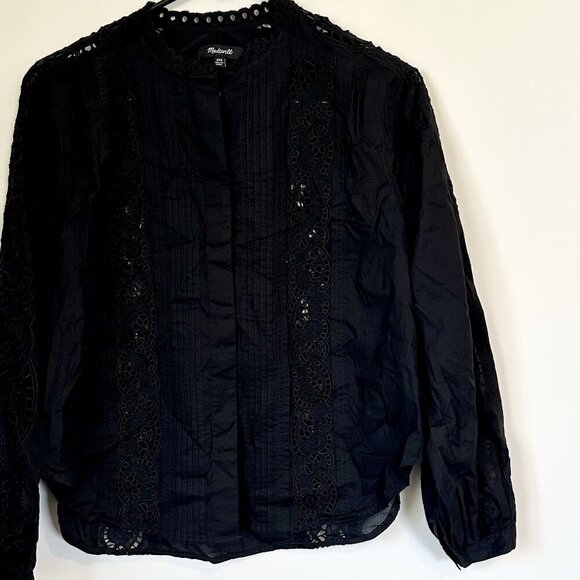 NWT Madewell Black Lace-Inset Pintucked Button-Up Top - Size: XXS - Picture 2 of 13
